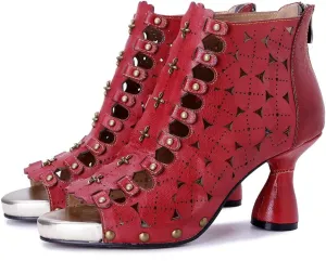 CrazycatZ Women's Vintage Peep Toe Ankle Boots, Floral Embossed Design, Chunky Heel Sandals, Multiple Colors