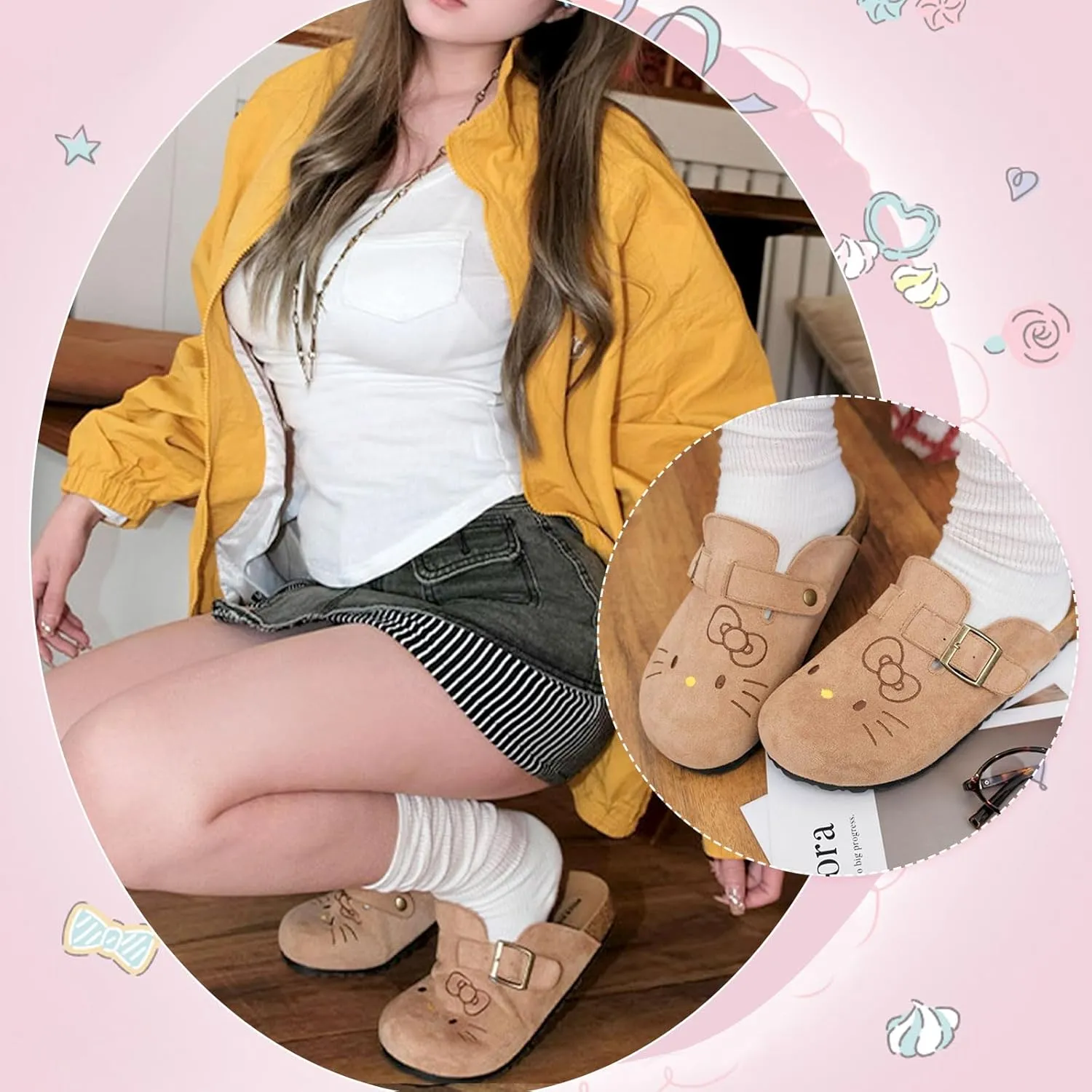 Cute Women Suede Clogs Slippers Slip-on Mules Cork Footbed Sandals Suede Potato Shoes