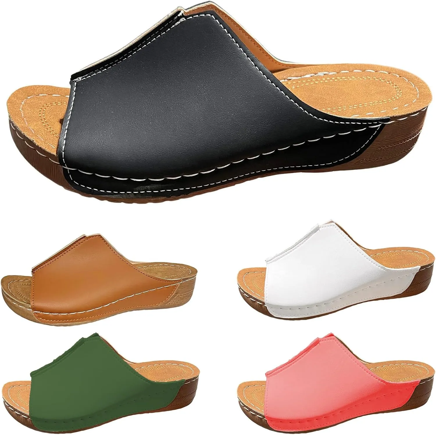 Damping Sole Upgradation Stretch Lightweight Sandals, Reef Platform Sandals Wedges Low Heel Rubber Arch Support Cushion Slip on Going Out Dressy Comfortable Black Slides Wedge Slippers