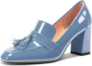 DearOnly Womens Patent Leather Loafers Square Toe Mid Chunky Block Heel Pumps Slip-on Tassel Loafers Office Dress Shoes 3.2 Inches Heels