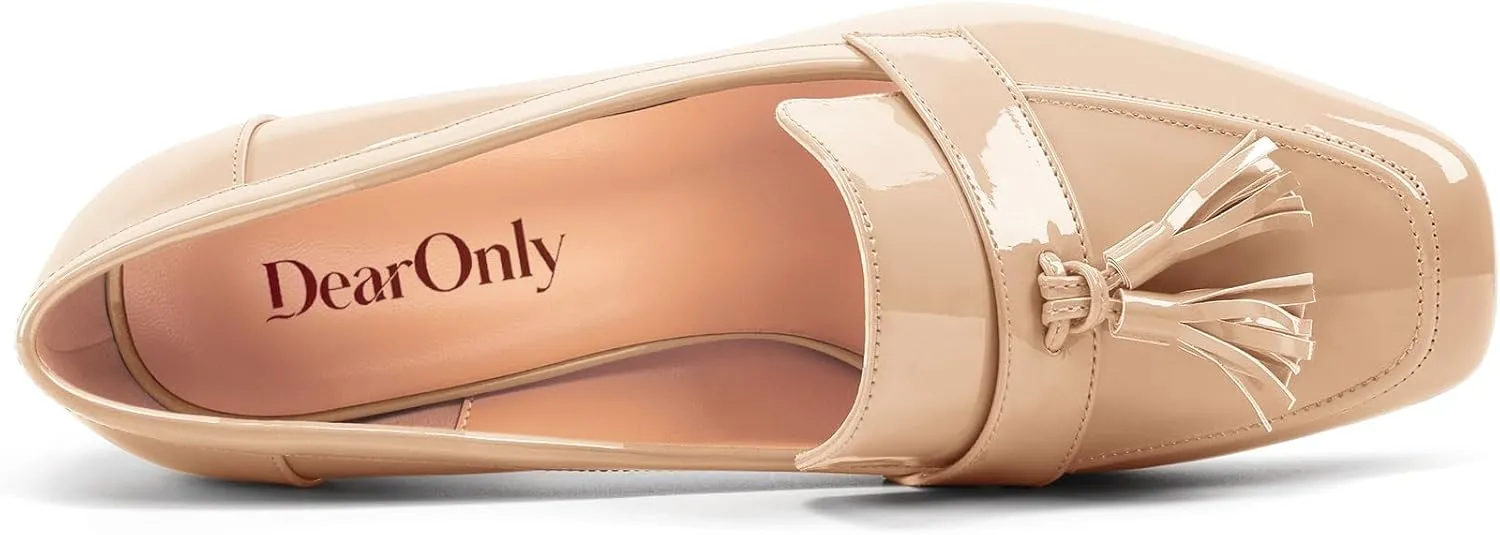 DearOnly Womens Patent Leather Loafers Square Toe Mid Chunky Block Heel Pumps Slip-on Tassel Loafers Office Dress Shoes 3.2 Inches Heels