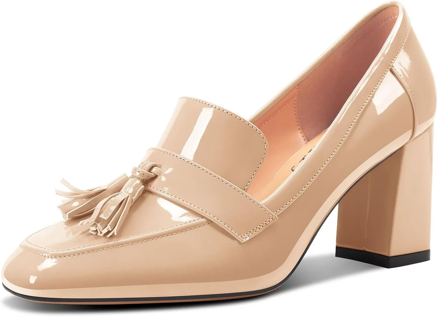 DearOnly Womens Patent Leather Loafers Square Toe Mid Chunky Block Heel Pumps Slip-on Tassel Loafers Office Dress Shoes 3.2 Inches Heels