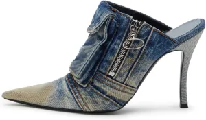 Denim Heeled Mules for Women Pointed Toe Slingback Pumps Slip-on Stiletto High Heel Jeans Mules Slides Fashion Casual Backless Dress Shoes