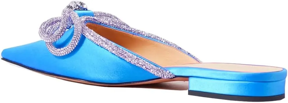 Divanne Women's Flat Mules, Pointed Toe Backless Loafer Shoes Rhinestone Bowknot Slip on Mule Slides