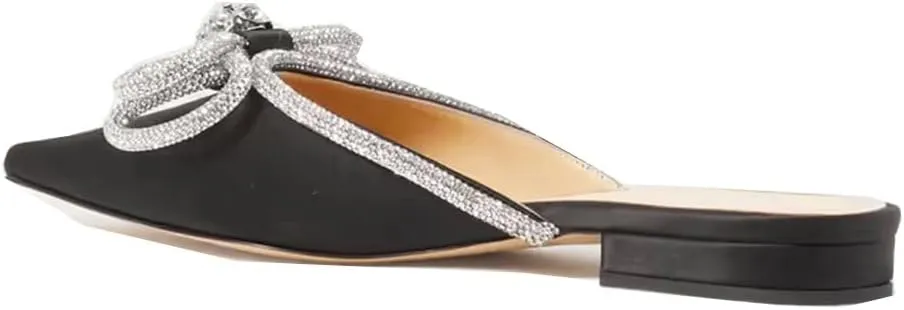 Divanne Women's Flat Mules, Pointed Toe Backless Loafer Shoes Rhinestone Bowknot Slip on Mule Slides