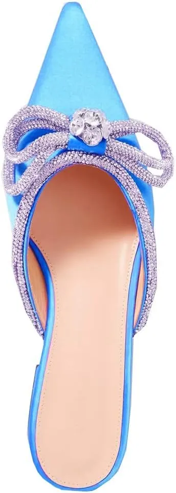Divanne Women's Flat Mules, Pointed Toe Backless Loafer Shoes Rhinestone Bowknot Slip on Mule Slides