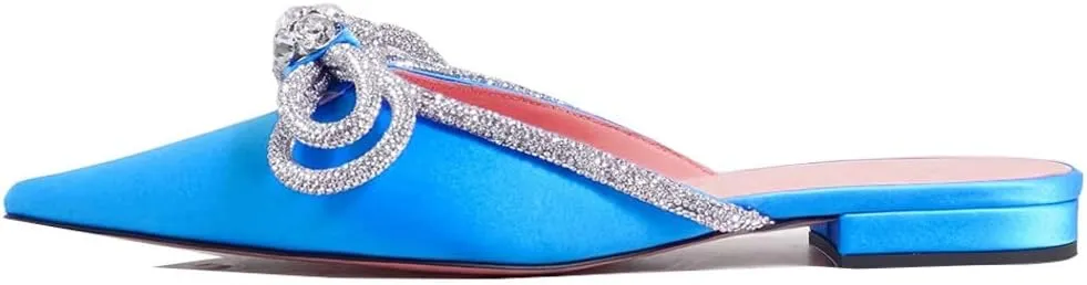 Divanne Women's Flat Mules, Pointed Toe Backless Loafer Shoes Rhinestone Bowknot Slip on Mule Slides