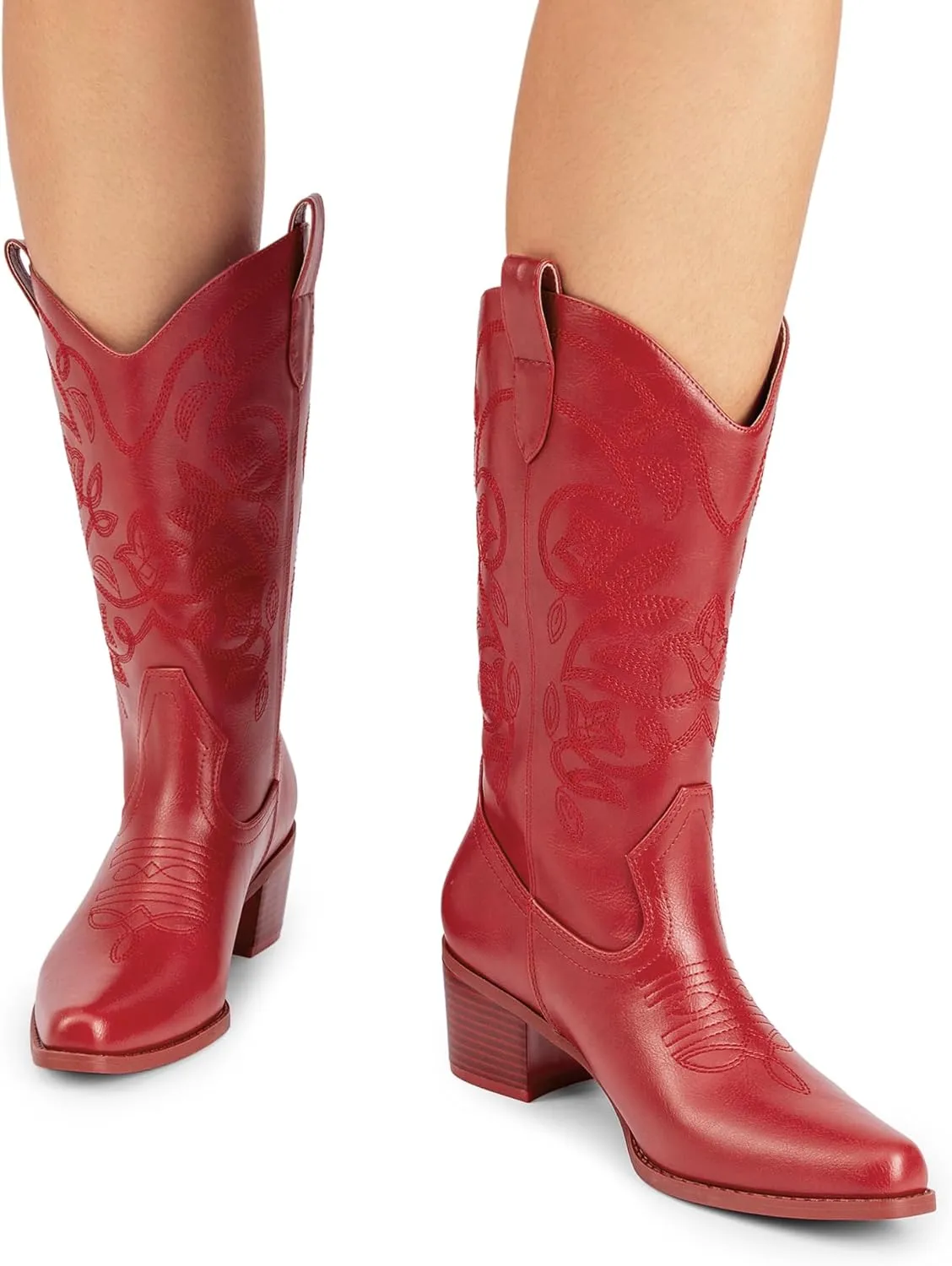 DREAM PAIRS Cowboy Boots for Women Cowgirl Western Boots Fashion Embroidery Stitched Chunky Heel Mid Calf Boots