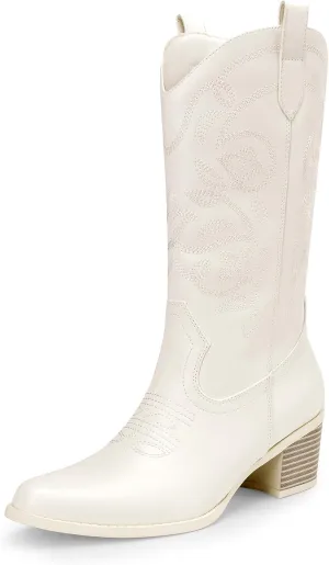 DREAM PAIRS Cowboy Boots for Women Cowgirl Western Boots Fashion Embroidery Stitched Chunky Heel Mid Calf Boots