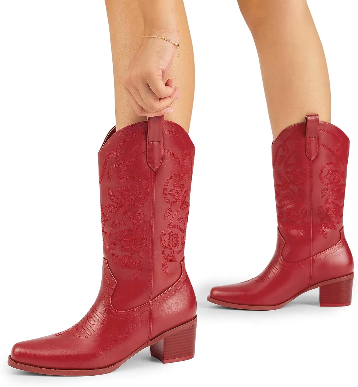DREAM PAIRS Cowboy Boots for Women Cowgirl Western Boots Fashion Embroidery Stitched Chunky Heel Mid Calf Boots