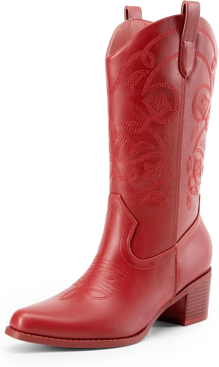 DREAM PAIRS Cowboy Boots for Women Cowgirl Western Boots Fashion Embroidery Stitched Chunky Heel Mid Calf Boots