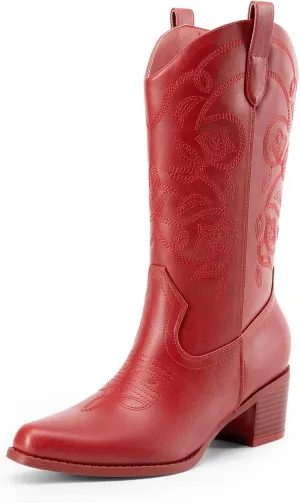 DREAM PAIRS Cowboy Boots for Women Cowgirl Western Boots Fashion Embroidery Stitched Chunky Heel Mid Calf Boots