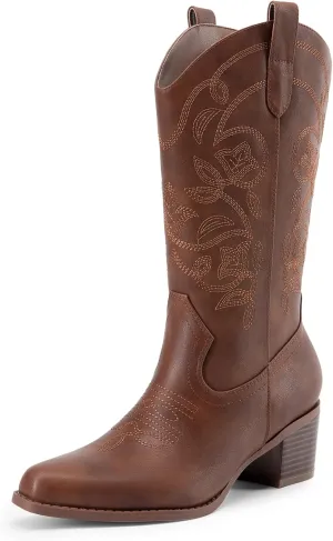 DREAM PAIRS Cowboy Boots for Women Cowgirl Western Boots Fashion Embroidery Stitched Chunky Heel Mid Calf Boots