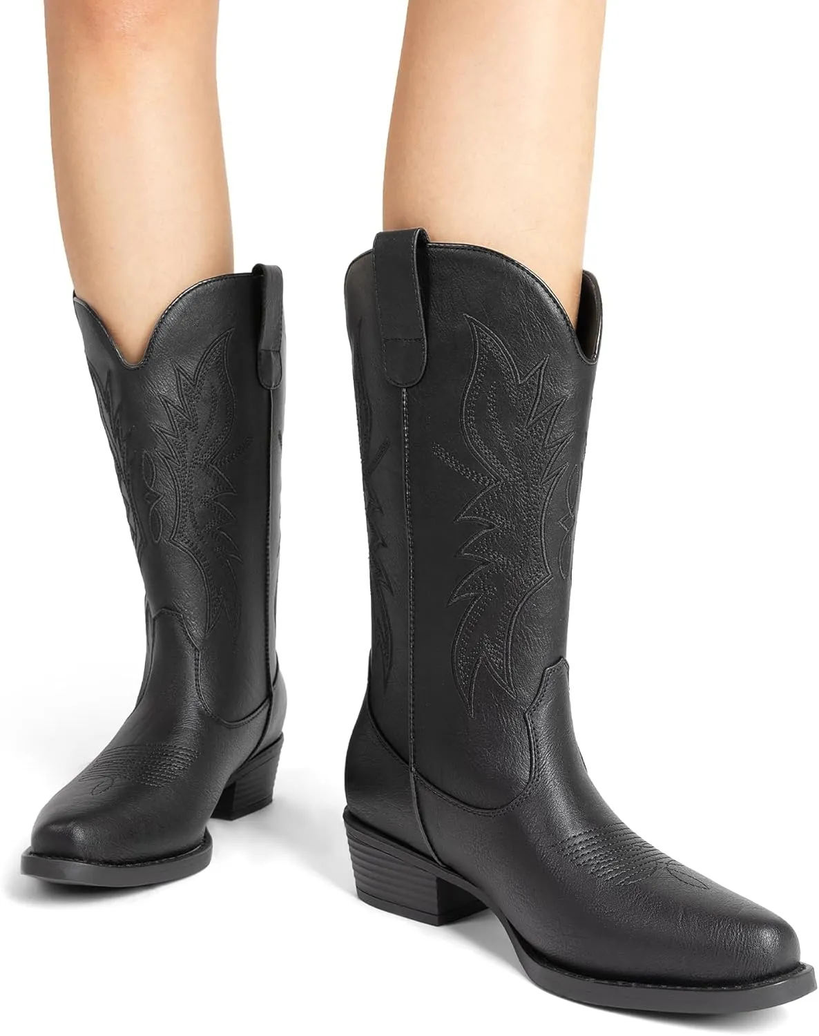 DREAM PAIRS Cowboy Boots for Women Cowgirl Western Mid Calf Boots Square Toe Embroidered Stitched Low Chunky Heel Pull On Fashion Boots