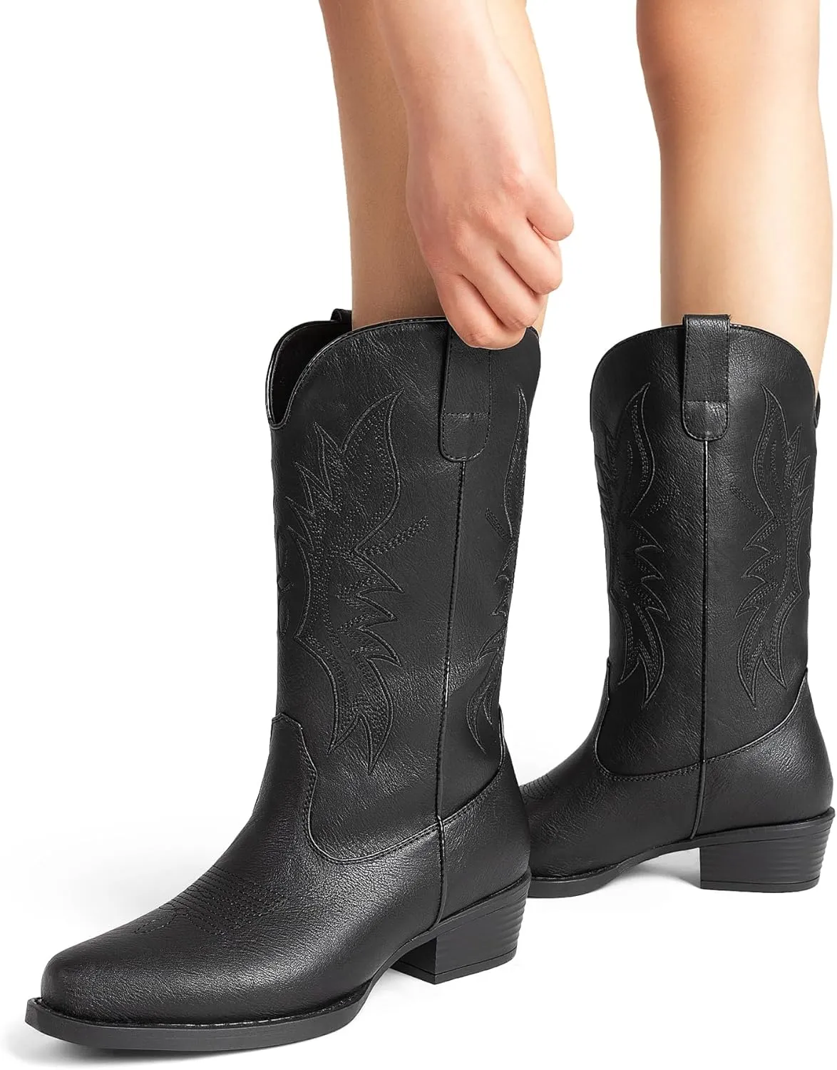 DREAM PAIRS Cowboy Boots for Women Cowgirl Western Mid Calf Boots Square Toe Embroidered Stitched Low Chunky Heel Pull On Fashion Boots