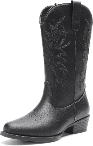 DREAM PAIRS Cowboy Boots for Women Cowgirl Western Mid Calf Boots Square Toe Embroidered Stitched Low Chunky Heel Pull On Fashion Boots
