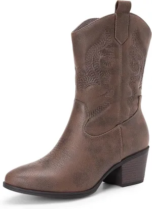 DREAM PAIRS Cowboy Boots for Women, Mid Calf Cowgirl Boots with Embroidery Round Toe Western Chunky Low Heel Shoes
