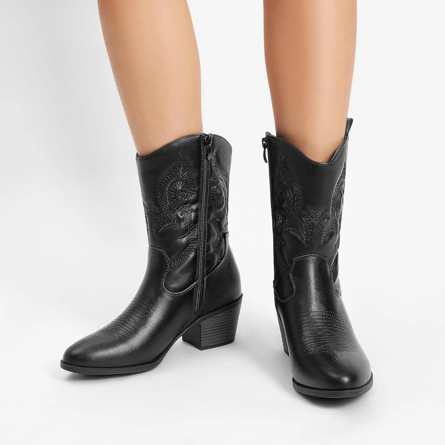 DREAM PAIRS Cowboy Boots for Women, Mid Calf Cowgirl Boots with Embroidery Round Toe Western Chunky Low Heel Shoes