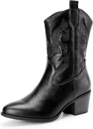 DREAM PAIRS Cowboy Boots for Women, Mid Calf Cowgirl Boots with Embroidery Round Toe Western Chunky Low Heel Shoes
