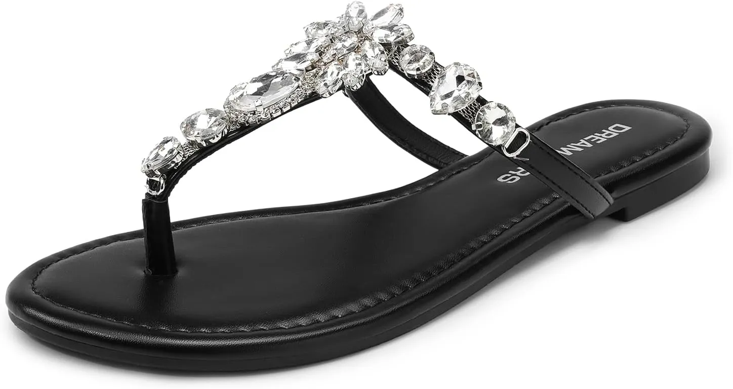 DREAM PAIRS Flip Flops for Women Dressy Rhinestone T-Strap Thong Sandals for Summers Dress Beach