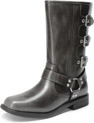 DREAM PAIRS Girls Boots Square Toe Knee High Motorcycle Booties with Buckles Riding Biker Boots Little Kid/Big Kid