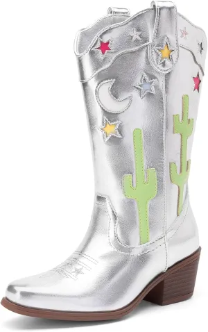 DREAM PAIRS Girls Cowboy Boots Cowgirl Mid Calf Western Boots with Low Heel Square Toe for Little Kid/Big Kid