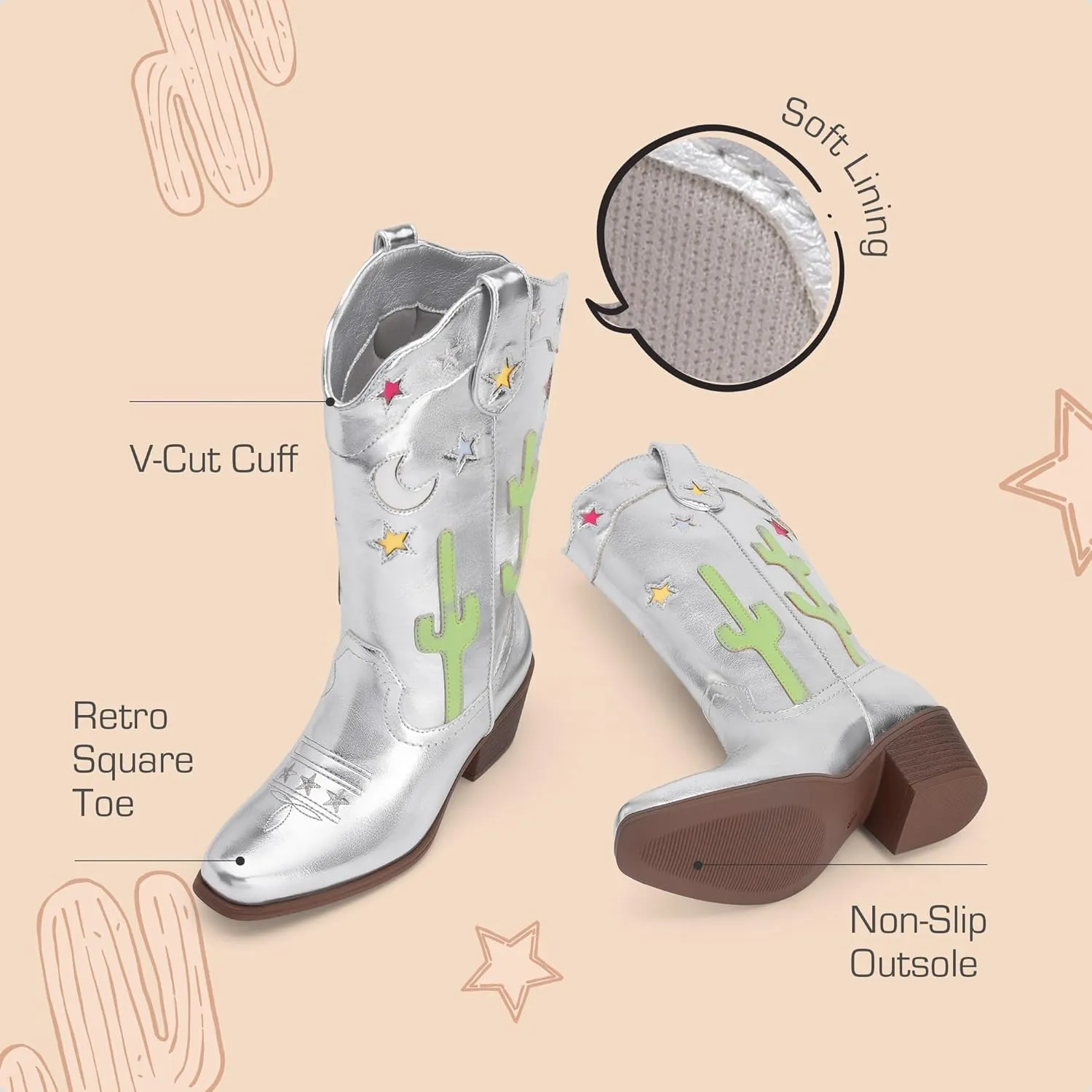 DREAM PAIRS Girls Cowboy Boots Cowgirl Mid Calf Western Boots with Low Heel Square Toe for Little Kid/Big Kid
