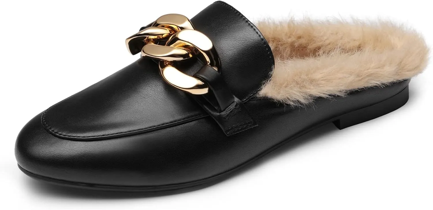 DREAM PAIRS Mules for Women Flats Shoes Comfortable Slip on Closed Toe Slides Loafers with Chain Backless Women’s Mules