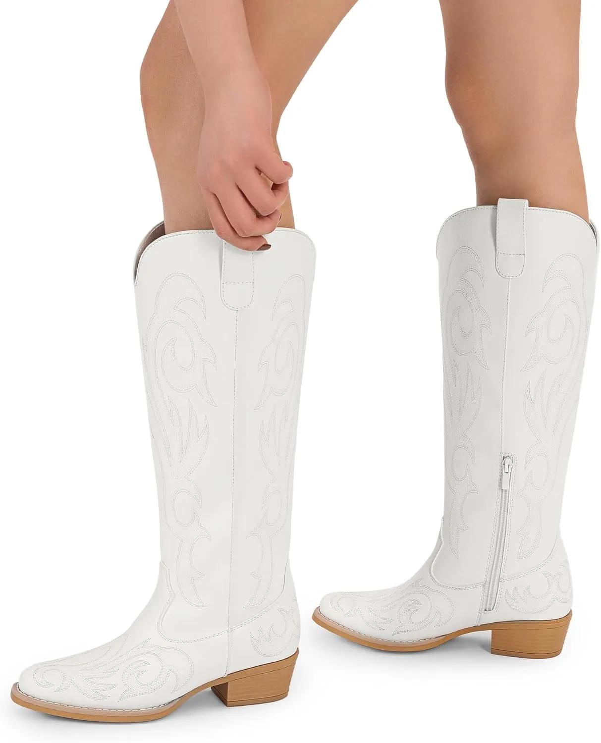DREAM PAIRS Womens Cowboy Boots Comfortable Cowgirl Knee High Boots Pull On Side Zipper Chunky Heel Embroidered Western Boots
