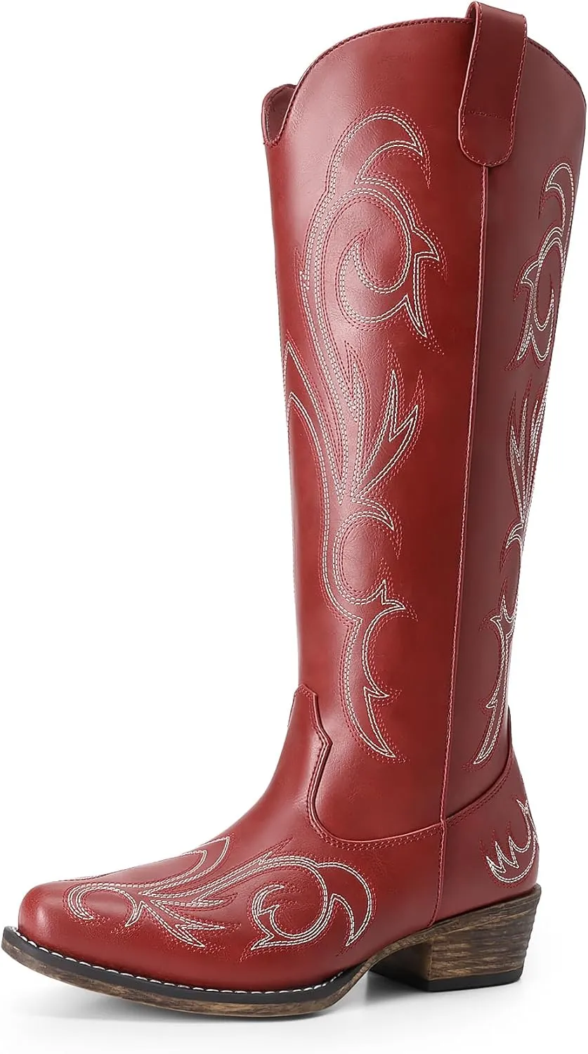 DREAM PAIRS Womens Cowboy Boots Comfortable Cowgirl Knee High Boots Pull On Side Zipper Chunky Heel Embroidered Western Boots