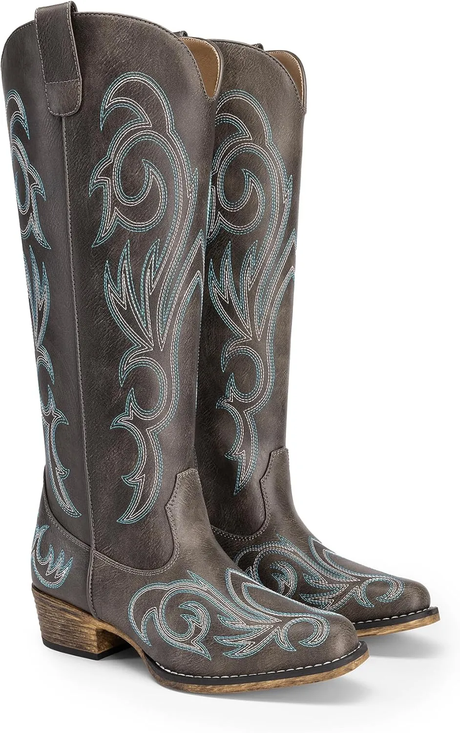 DREAM PAIRS Womens Cowboy Boots Comfortable Cowgirl Knee High Boots Pull On Side Zipper Chunky Heel Embroidered Western Boots