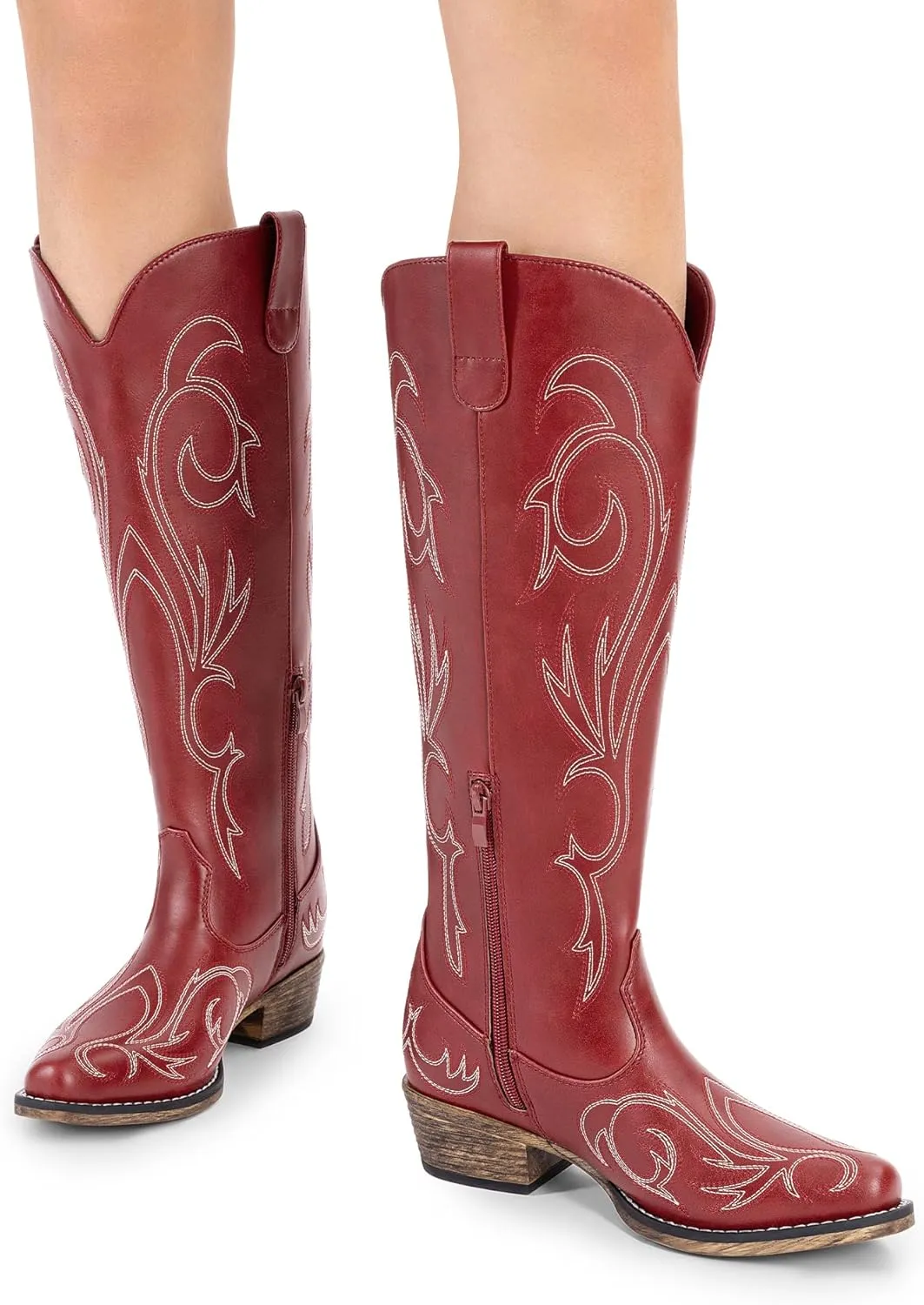 DREAM PAIRS Womens Cowboy Boots Comfortable Cowgirl Knee High Boots Pull On Side Zipper Chunky Heel Embroidered Western Boots