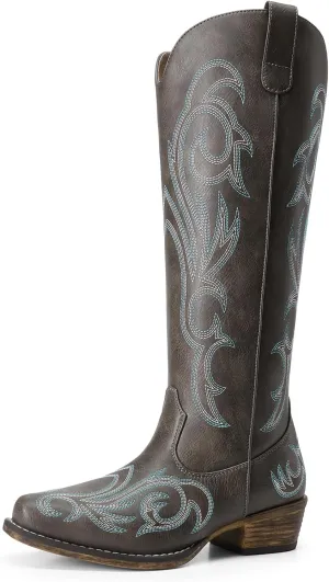 DREAM PAIRS Womens Cowboy Boots Comfortable Cowgirl Knee High Boots Pull On Side Zipper Chunky Heel Embroidered Western Boots