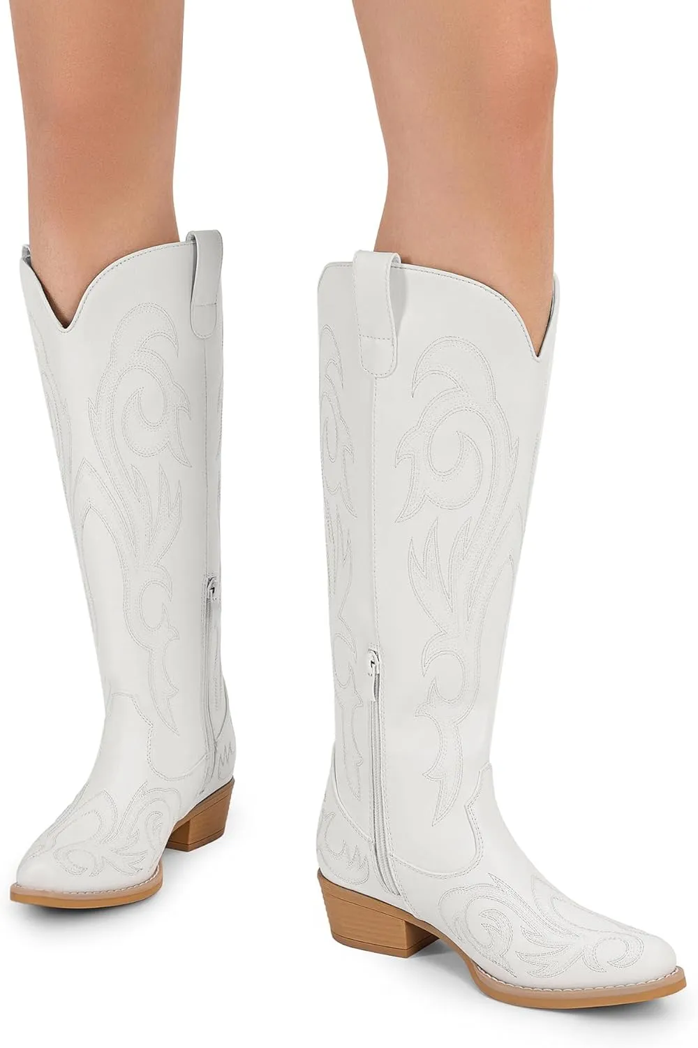 DREAM PAIRS Womens Cowboy Boots Comfortable Cowgirl Knee High Boots Pull On Side Zipper Chunky Heel Embroidered Western Boots