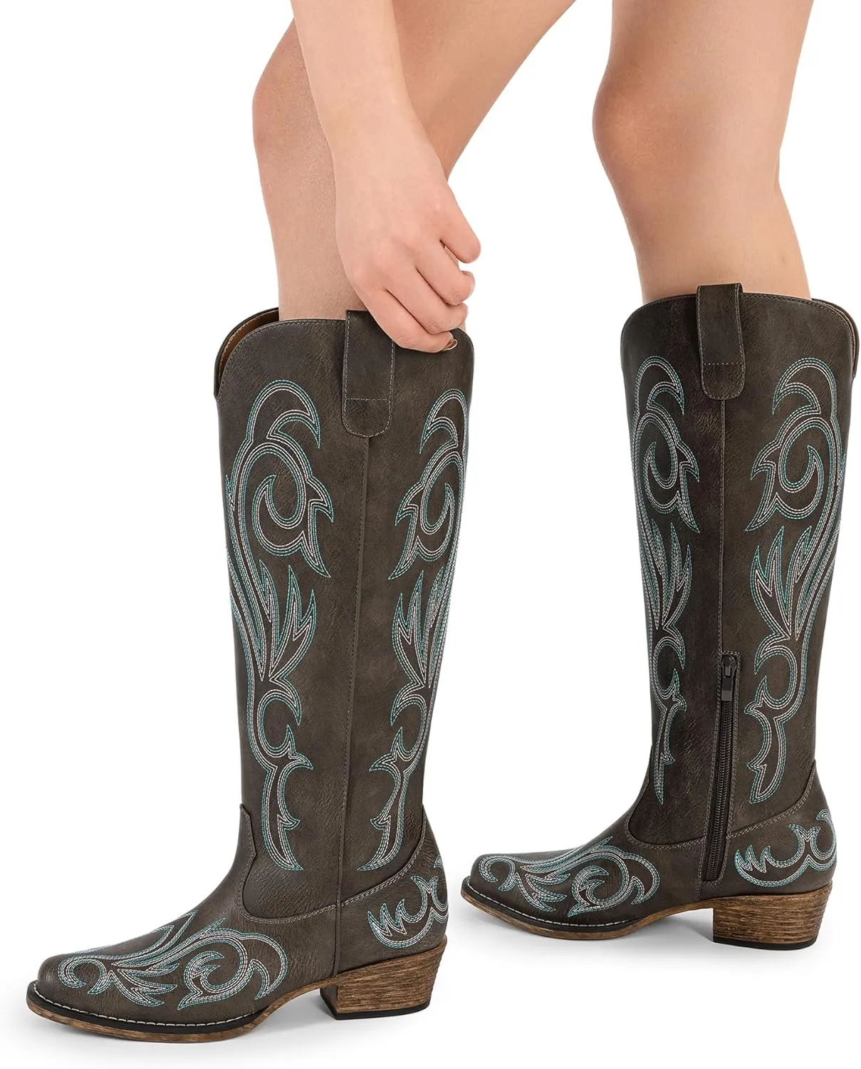 DREAM PAIRS Womens Cowboy Boots Comfortable Cowgirl Knee High Boots Pull On Side Zipper Chunky Heel Embroidered Western Boots