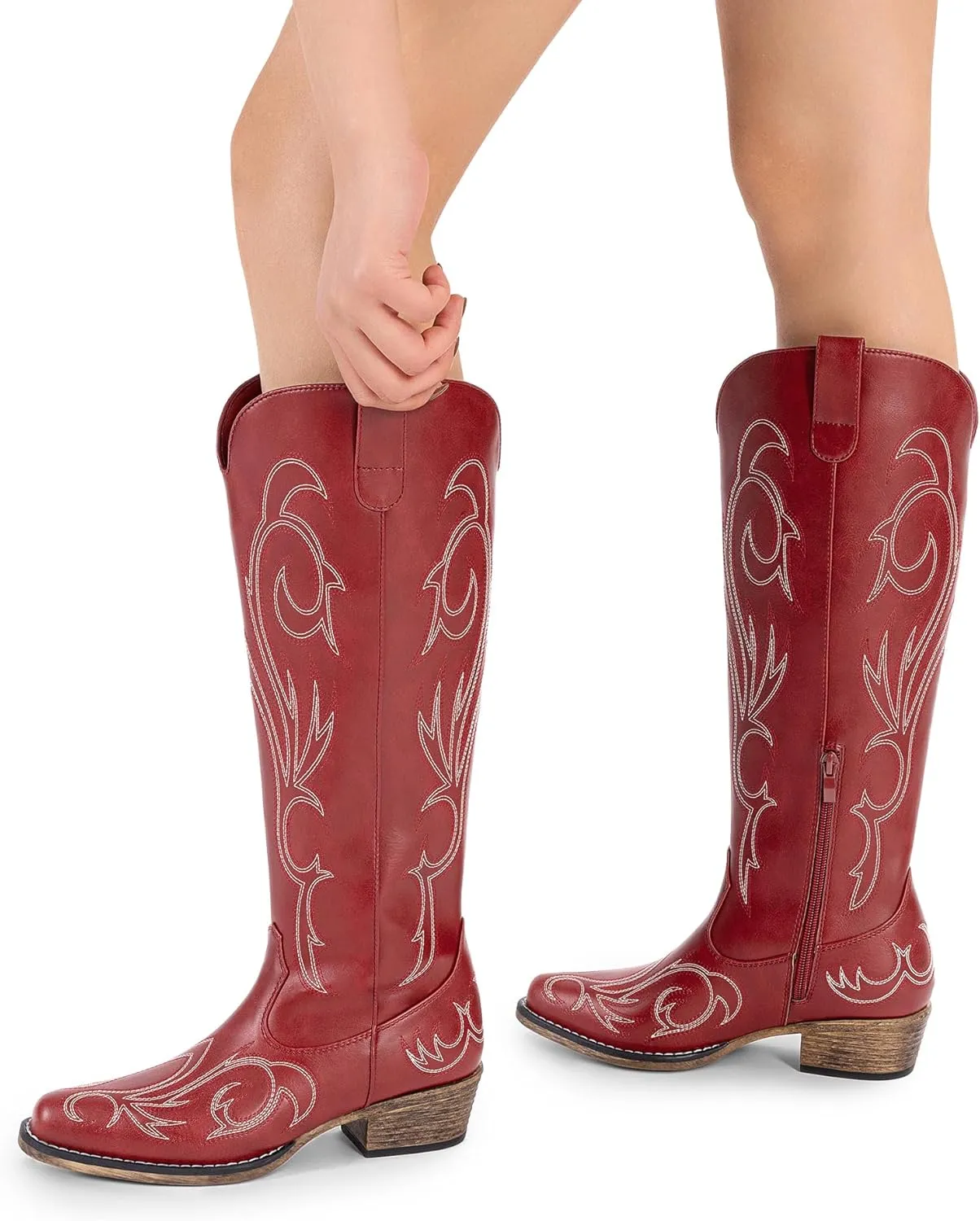DREAM PAIRS Womens Cowboy Boots Comfortable Cowgirl Knee High Boots Pull On Side Zipper Chunky Heel Embroidered Western Boots