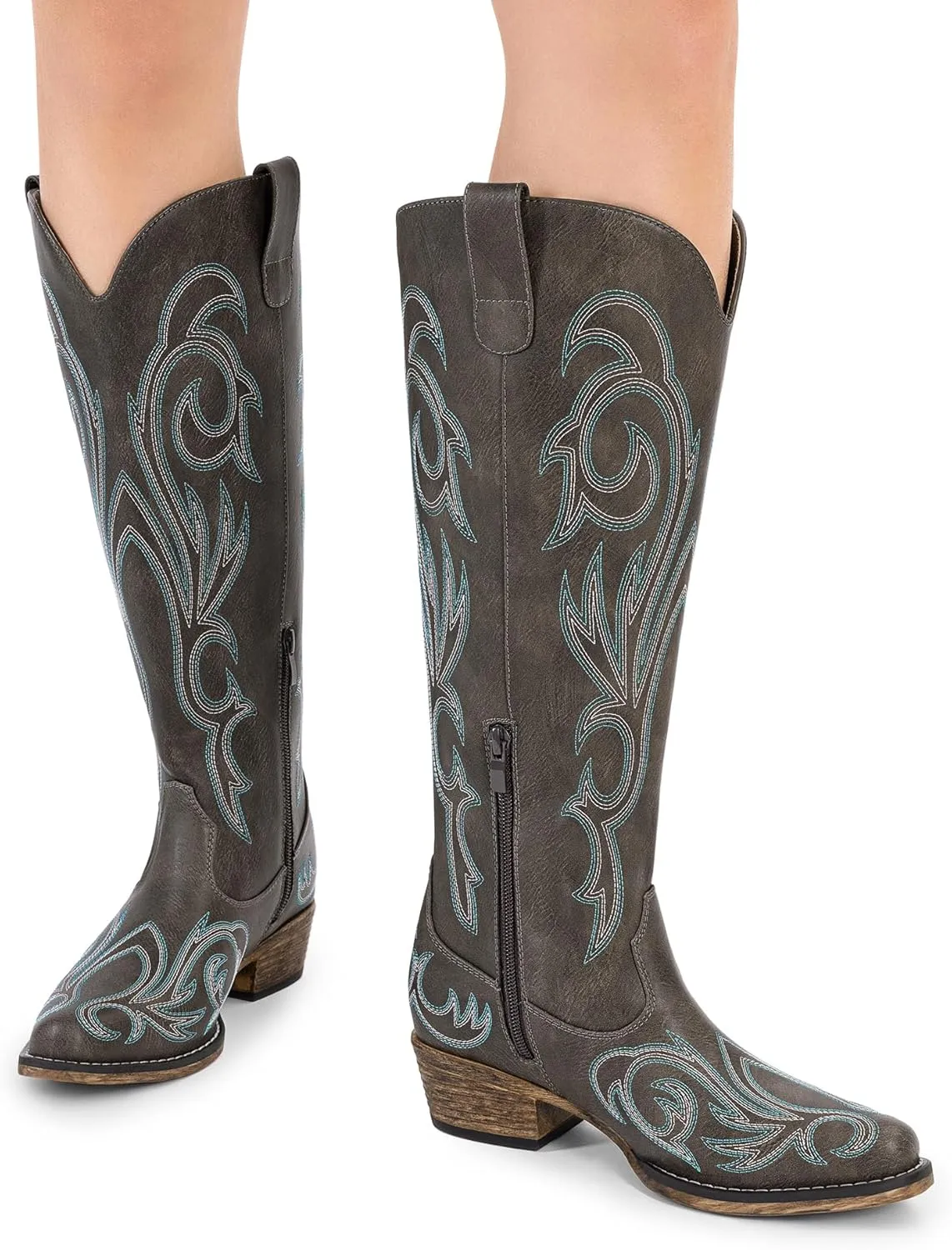 DREAM PAIRS Womens Cowboy Boots Comfortable Cowgirl Knee High Boots Pull On Side Zipper Chunky Heel Embroidered Western Boots