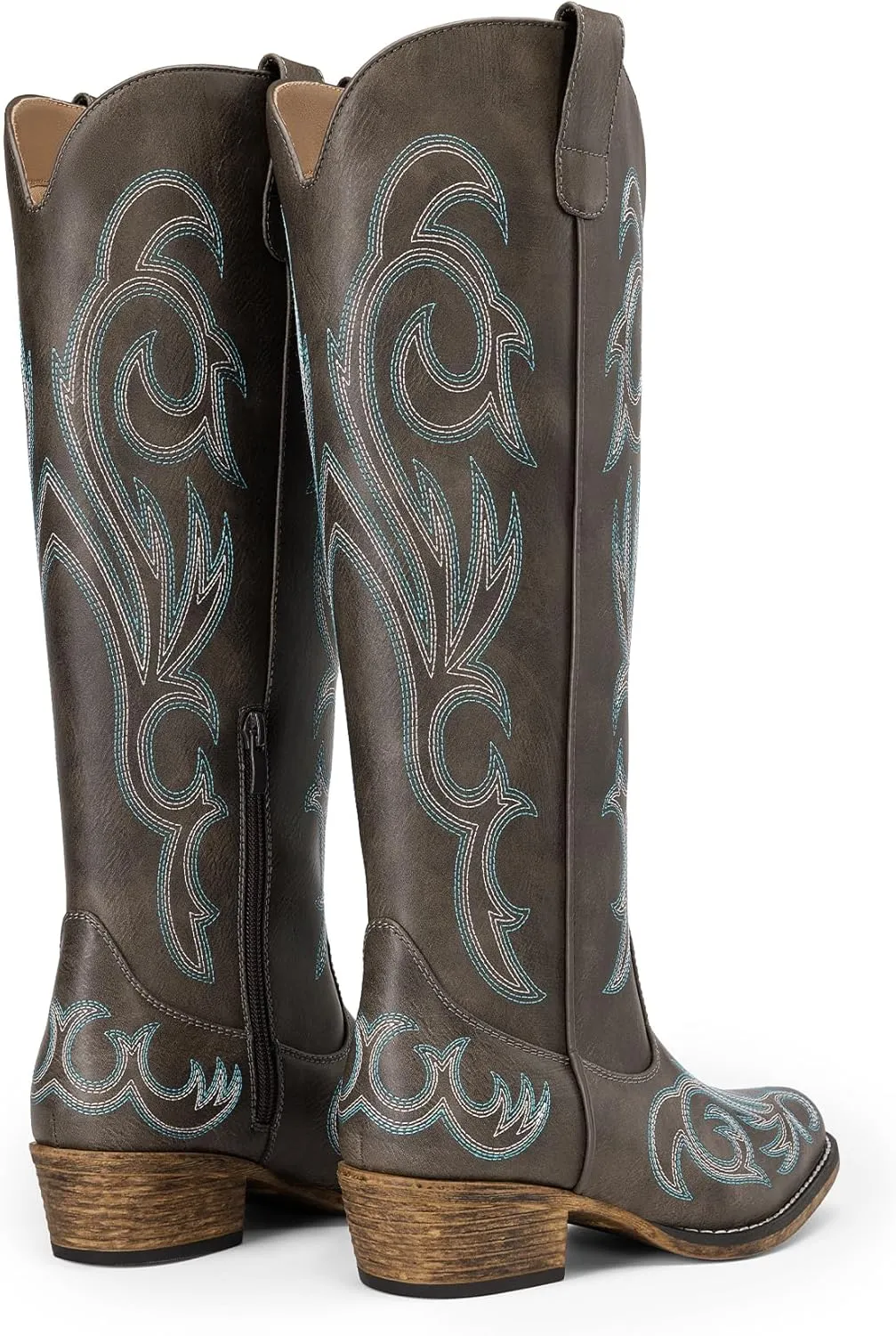DREAM PAIRS Womens Cowboy Boots Comfortable Cowgirl Knee High Boots Pull On Side Zipper Chunky Heel Embroidered Western Boots
