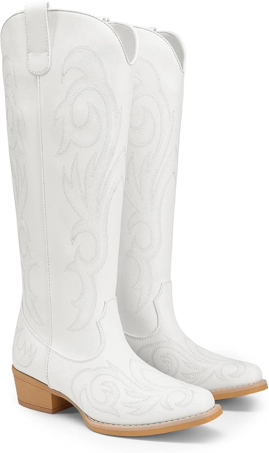 DREAM PAIRS Womens Cowboy Boots Comfortable Cowgirl Knee High Boots Pull On Side Zipper Chunky Heel Embroidered Western Boots