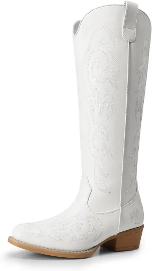 DREAM PAIRS Womens Cowboy Boots Comfortable Cowgirl Knee High Boots Pull On Side Zipper Chunky Heel Embroidered Western Boots