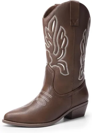 DREAM PAIRS Women's Cowboy Boots Mid Calf Cowgirl Boots Embroidery Stitched Western Boots