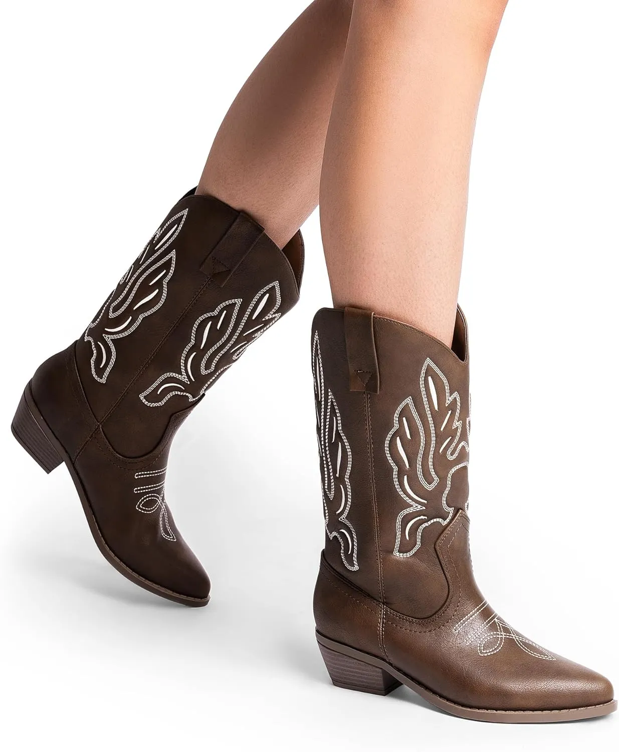 DREAM PAIRS Women's Cowboy Boots Mid Calf Cowgirl Boots Embroidery Stitched Western Boots