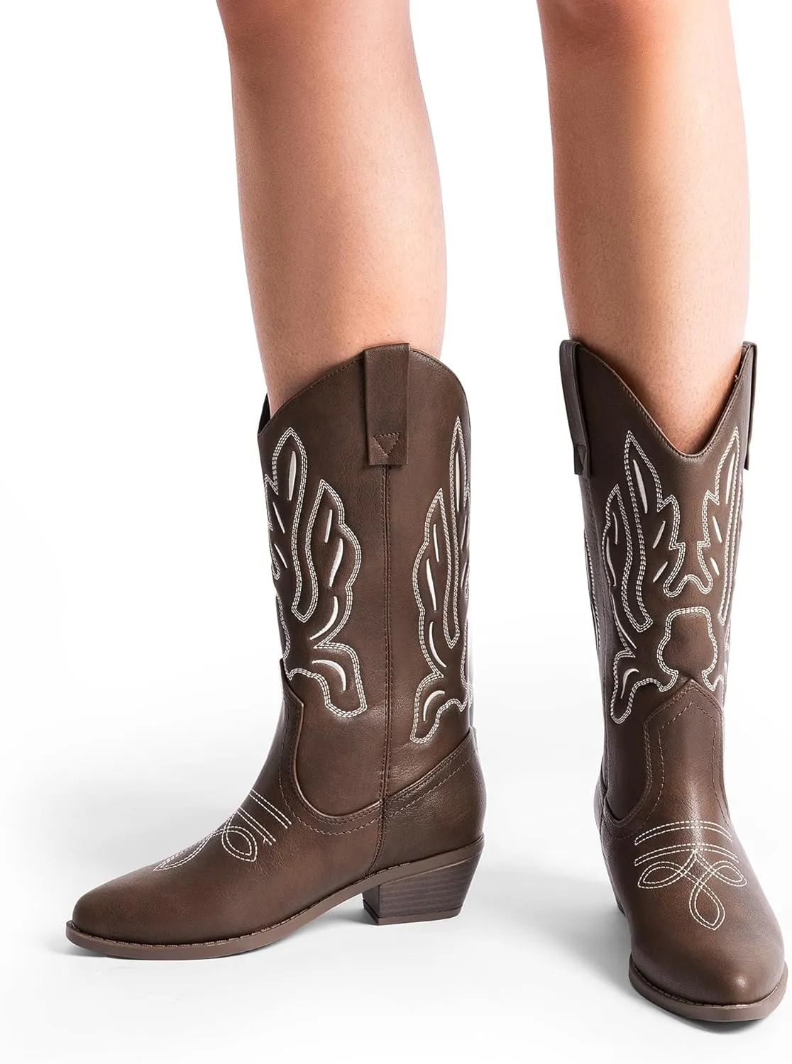 DREAM PAIRS Women's Cowboy Boots Mid Calf Cowgirl Boots Embroidery Stitched Western Boots