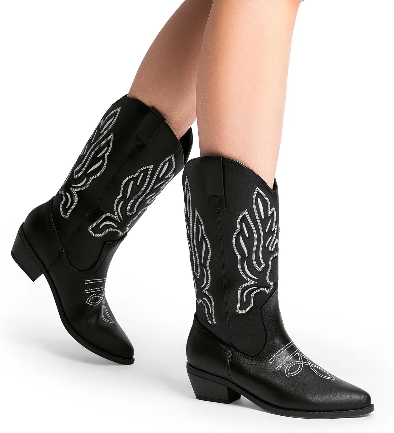 DREAM PAIRS Women's Cowboy Boots Mid Calf Cowgirl Boots Embroidery Stitched Western Boots