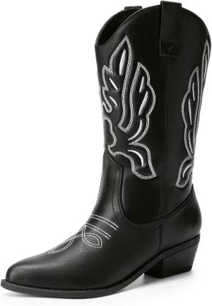DREAM PAIRS Women's Cowboy Boots Mid Calf Cowgirl Boots Embroidery Stitched Western Boots