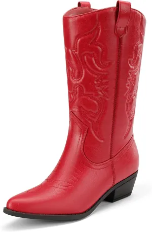 DREAM PAIRS Women's Cowboy Boots Pull On Cowgirl Boots Mid Calf Western Boots