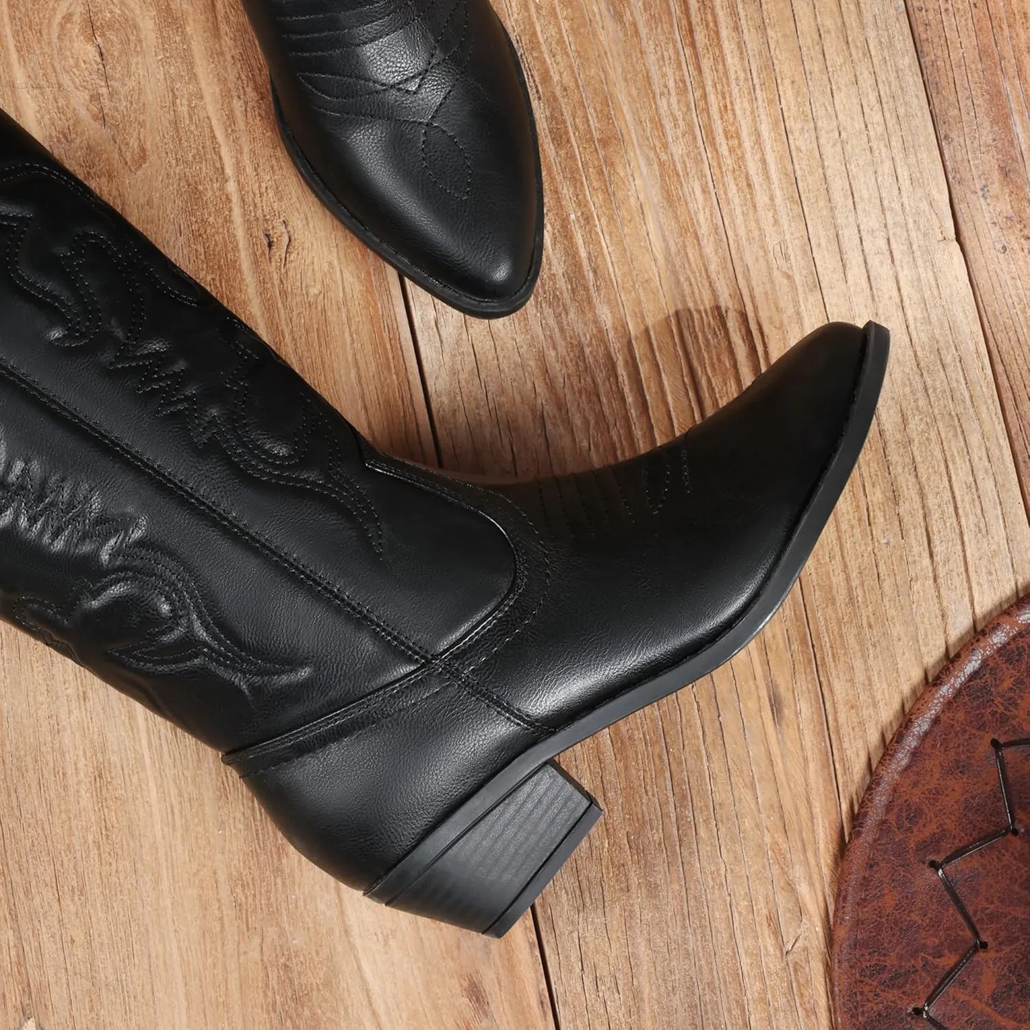 DREAM PAIRS Women's Cowboy Boots Pull On Cowgirl Boots Mid Calf Western Boots