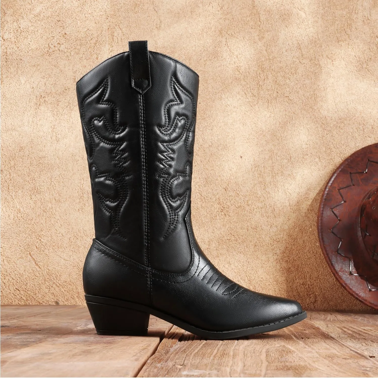 DREAM PAIRS Women's Cowboy Boots Pull On Cowgirl Boots Mid Calf Western Boots