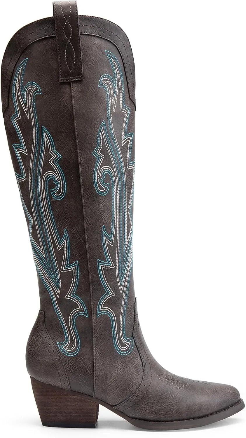DREAM PAIRS Womens Cowboy Knee High Boots Comfortable Pull On Side Zipper Chunky Heel Embroidered Western Cowgirl Boots Retro Tall Boot