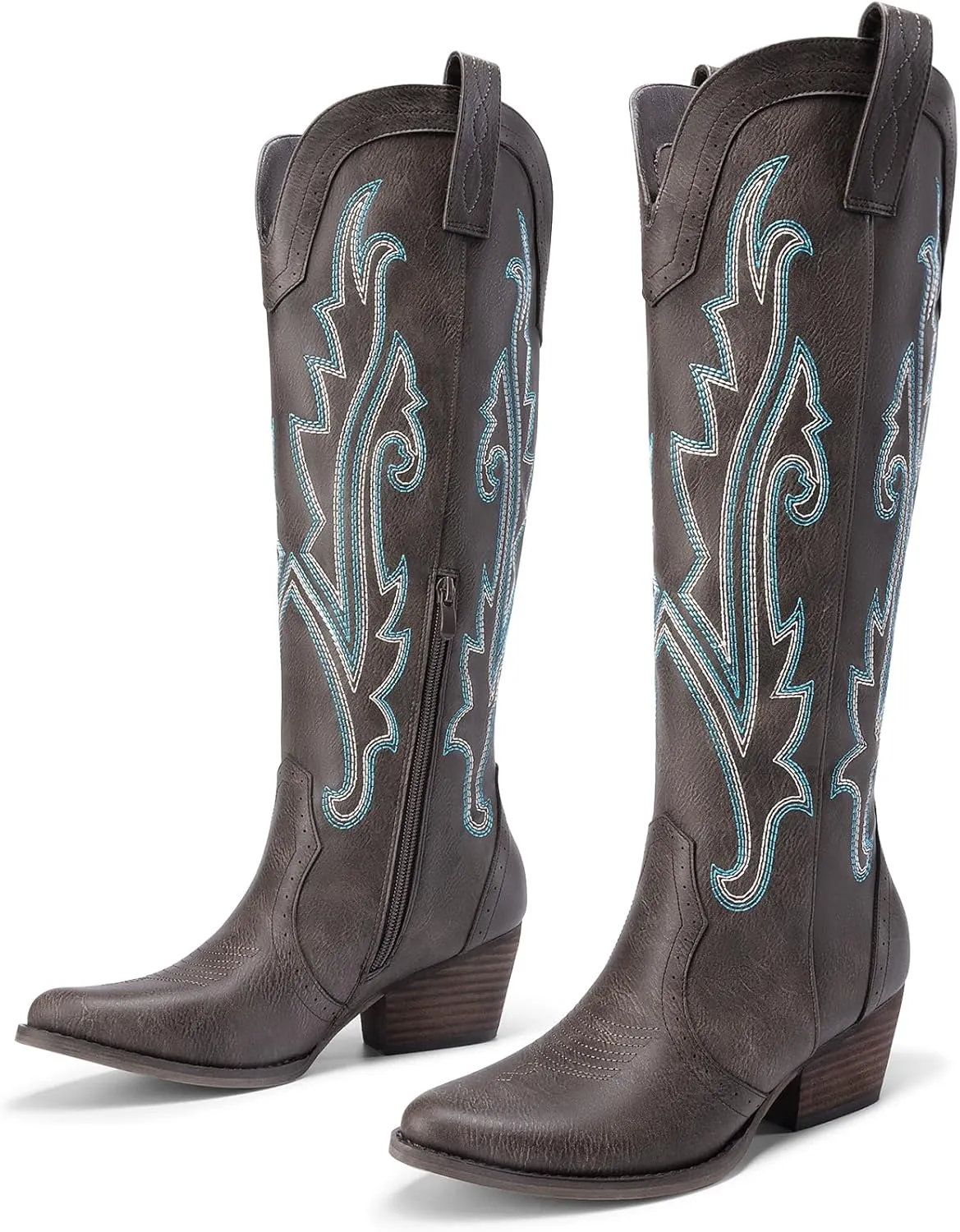 DREAM PAIRS Womens Cowboy Knee High Boots Comfortable Pull On Side Zipper Chunky Heel Embroidered Western Cowgirl Boots Retro Tall Boot